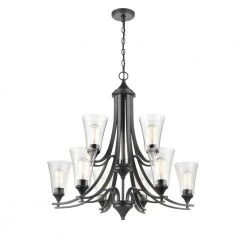 Natalie 32 in. 9-Light Matte Black Chandelier Light with Clear Seeded Shade by Millennium Lighting