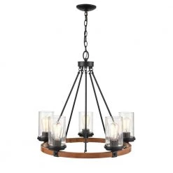 5-Lights 26 in. Matte Black/Wood Grain Chandelier by Millennium Lighting