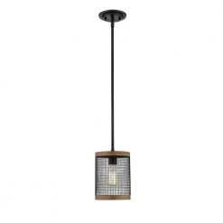 1-Light 11 in. Matte Black/Wood Grain Mini Pendant by Millennium Lighting