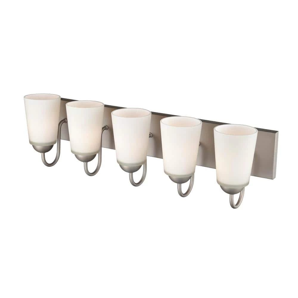 Ivey Lake 27 in. 5-Light Satin Nickel Bathroom Vanity Light with Etched White Glass Shade by Millennium Lighting 4 Ivey Lake 27 in. 5-Light Satin Nickel Bathroom Vanity Light with Etched White Glass Shade by Millennium Lighting - Image 4