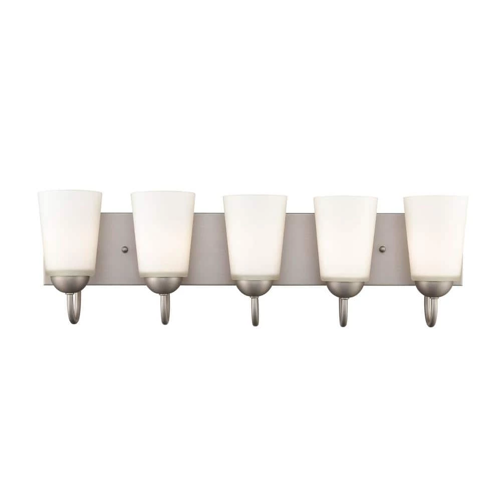Ivey Lake 27 in. 5-Light Satin Nickel Bathroom Vanity Light with Etched White Glass Shade by Millennium Lighting 1 Ivey Lake 27 in. 5-Light Satin Nickel Bathroom Vanity Light with Etched White Glass Shade by Millennium Lighting